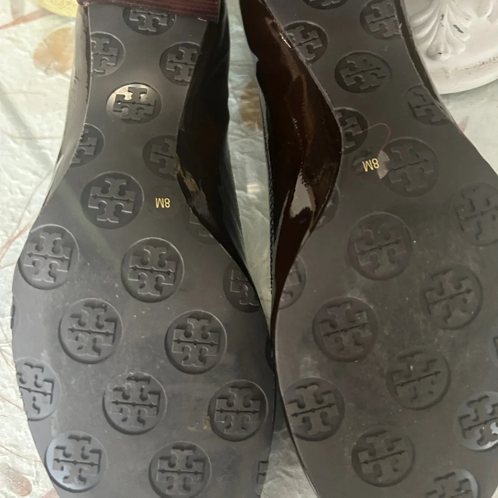 Tory Burch Dark Brown Patent Leather Logo Wedge Heels